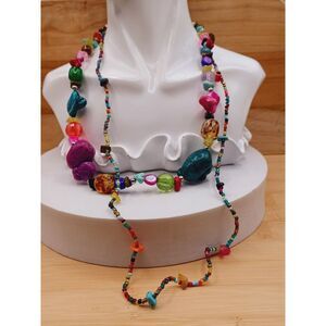 Mixed Media Stone Chip & Glass Bead Multi Color Double Strand Vintage Necklace